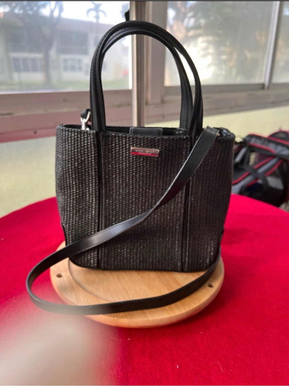 Nine West Structured Black Woven Tote Bag with Shoulder Strap